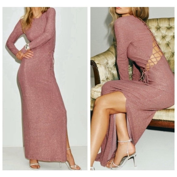 Reformation Women's Kinsey Lace Up Knit Maxi Dress Metallic Pink Sparkle Size S - Picture 16 of 16